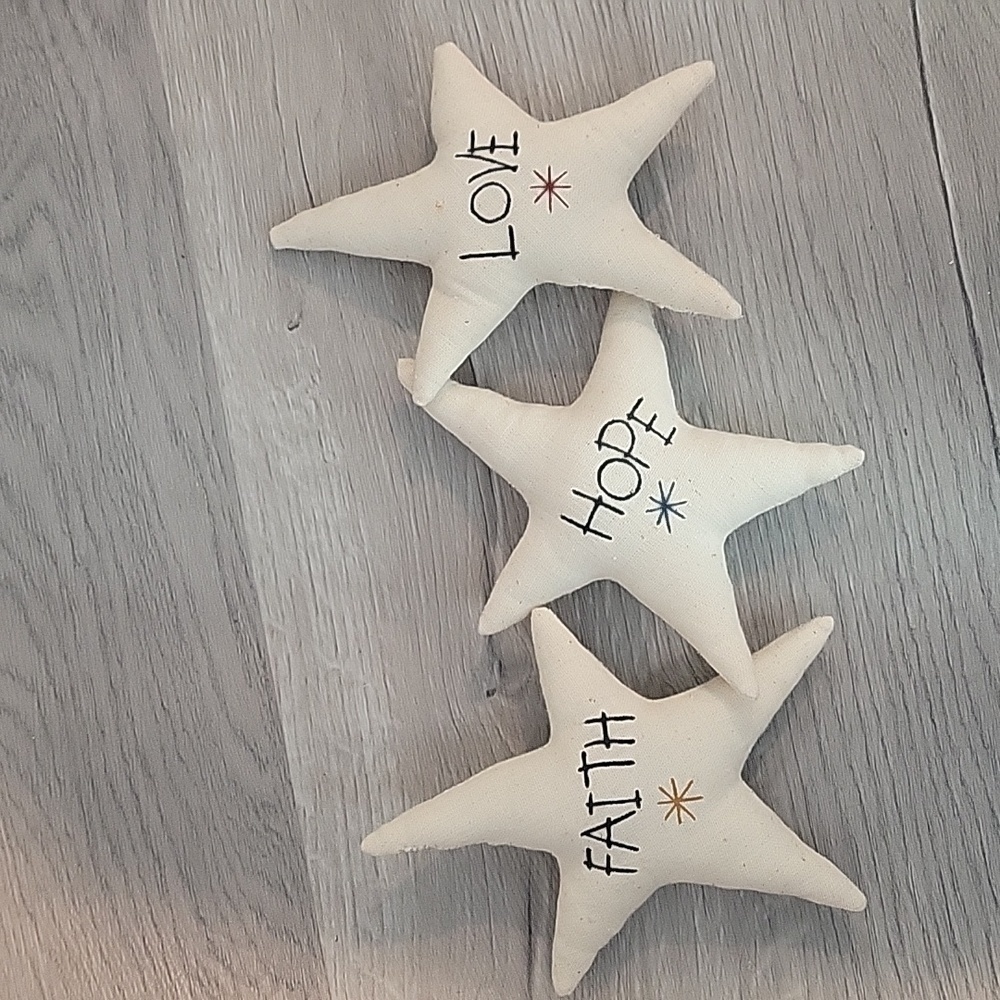 FAITH HOPE LOVE embroidered puffy canvas stars farmhouse decor
